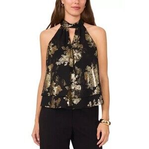 MSK Women’s Metallic Floral Sleeveless Top NWT Mock-Neck Black Gold Party Blouse